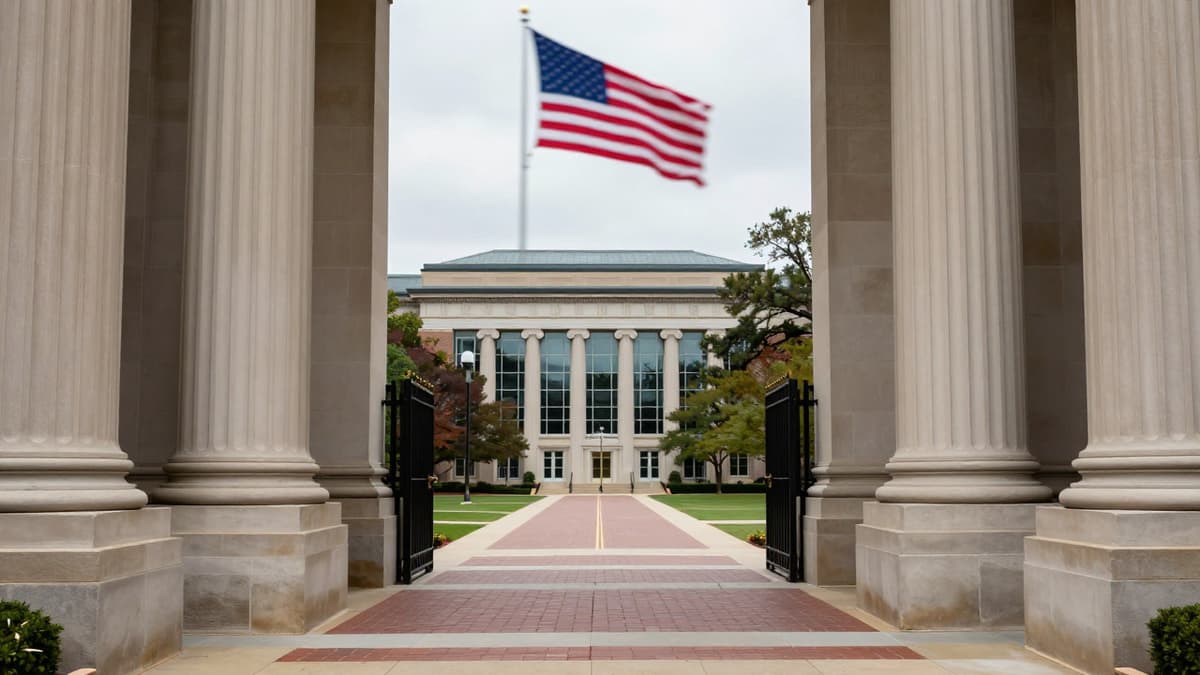 A stone university building entrance with an American flag waving in the background representing federal investigation into medical school admissions.
