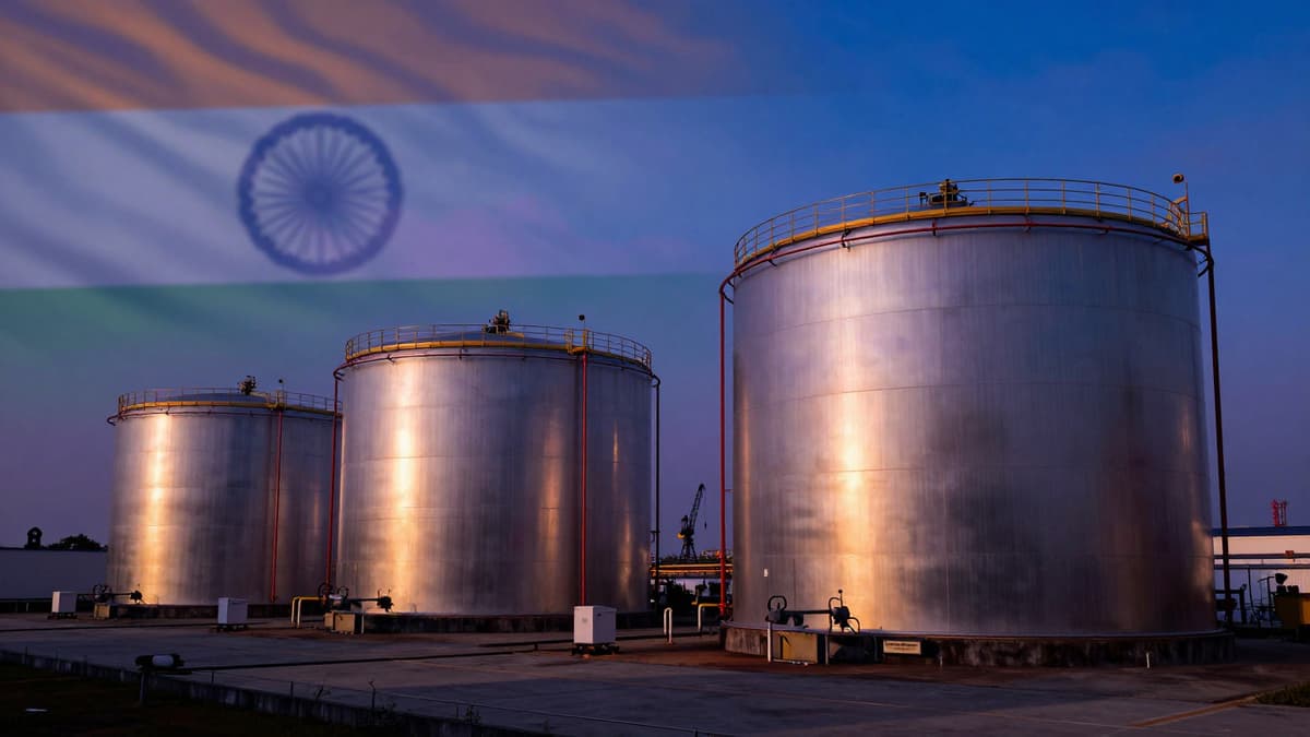 Massive Indian oil storage tanks under a twilight sky with subtle flag colors, symbolizing national energy security.