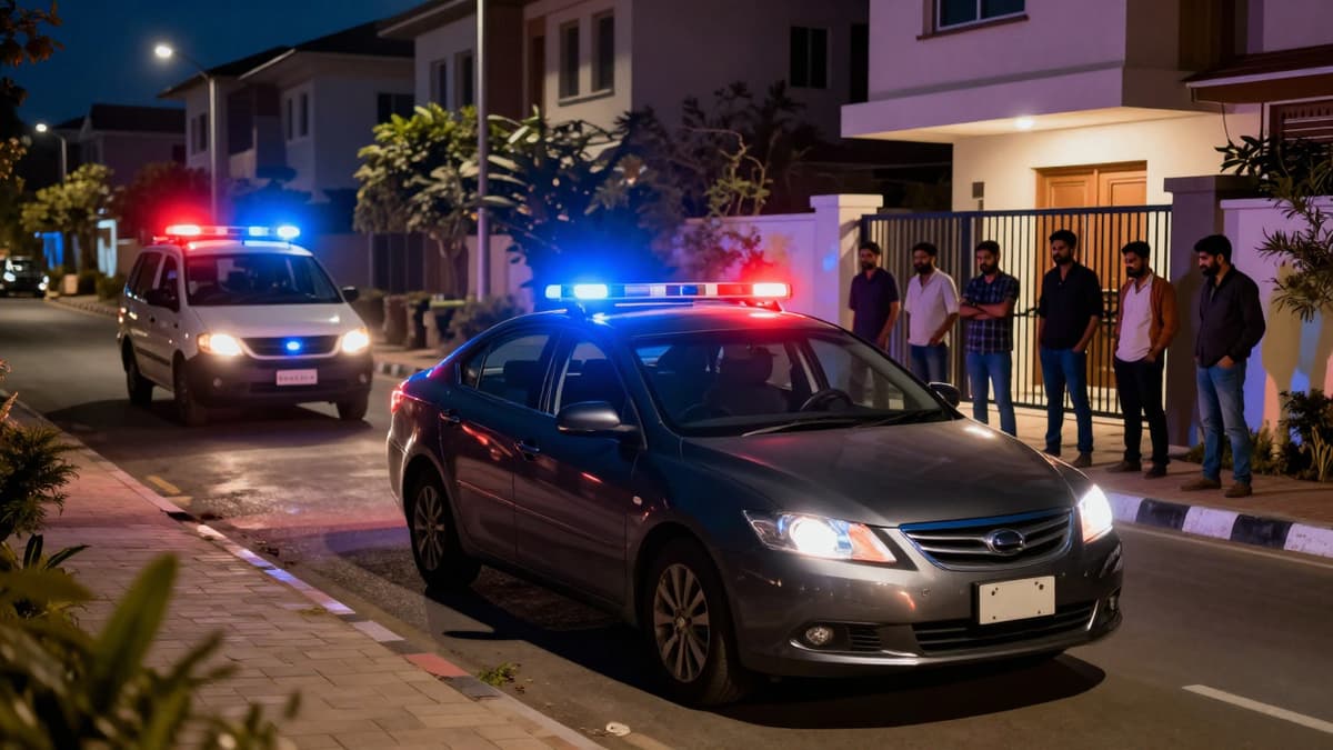 Nighttime scene of a car accident at a gated Indian township with emergency responders and residents.
