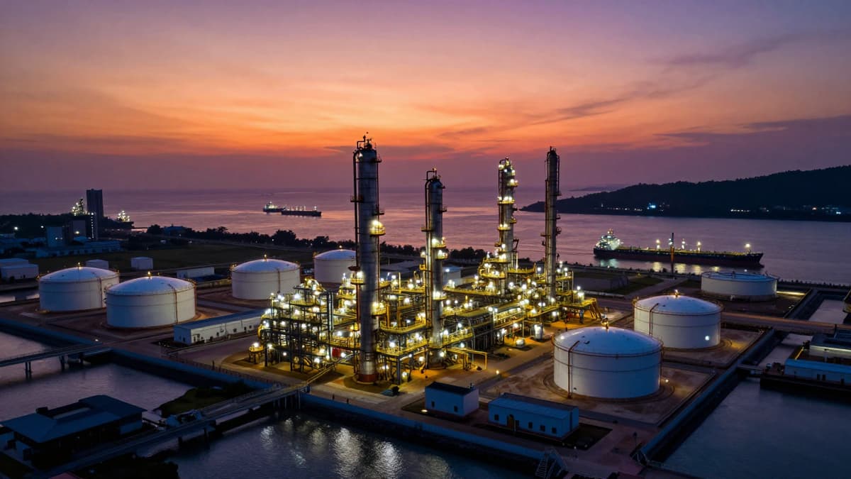 Aerial view of oil refineries and tankers on a coastline at sunset, representing energy infrastructure under diplomatic pressure.