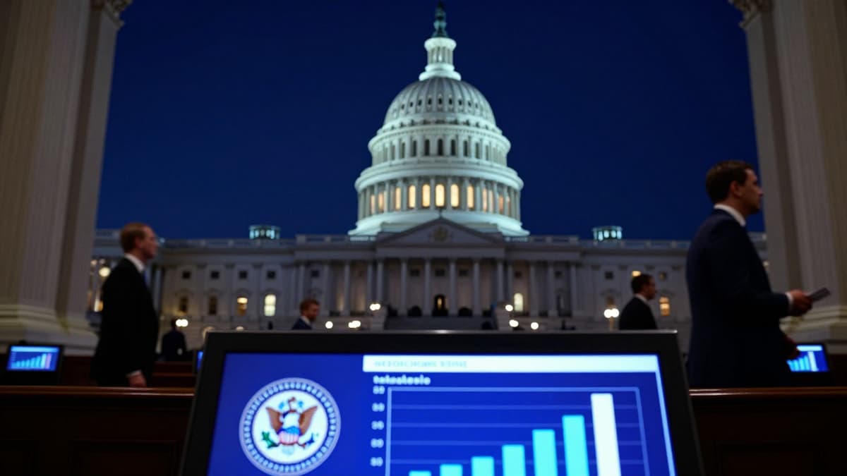 Senate chamber interior at night showing blurred legislative activity and a digital screen indicating partial budget allocation.
