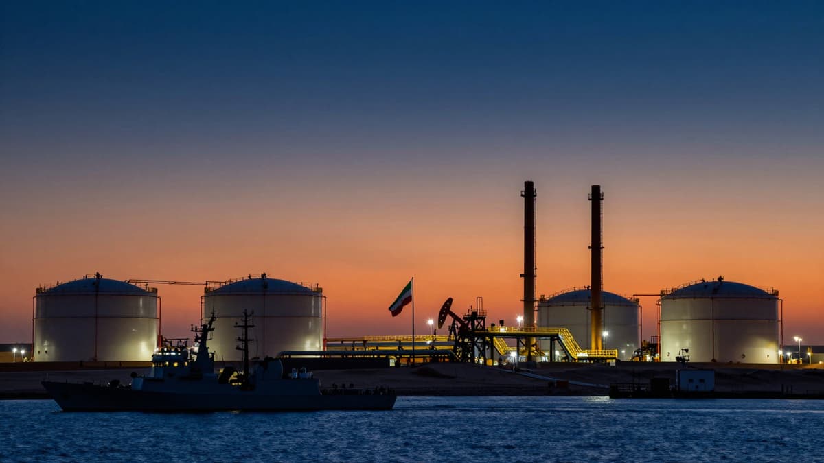 US naval vessel near an Iranian oil terminal with storage tanks under a dramatic twilight sky.