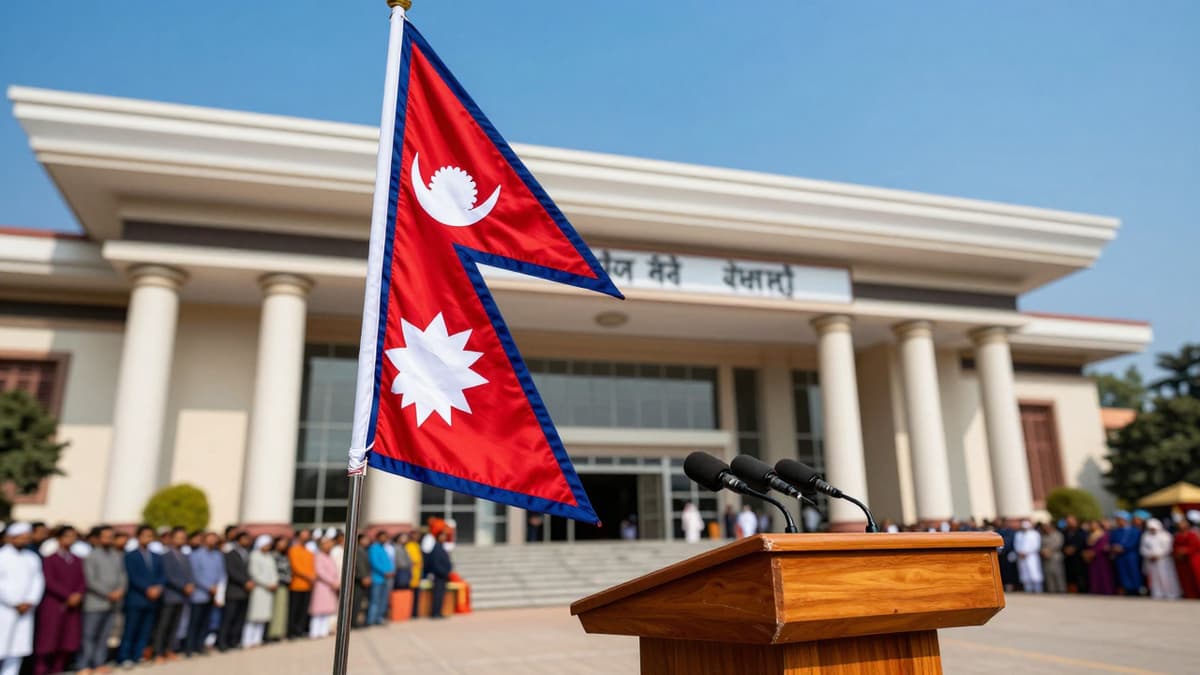 A ceremonial podium stands before a government building in Kathmandu with the Nepalese flag waving and a crowd of citizens waiting for an event.
