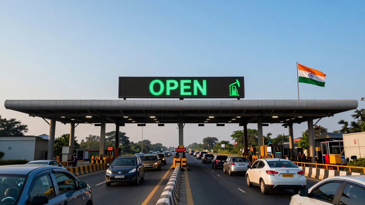 Photorealistic image of an open Indian highway toll booth with a digital display showing open status, symbolizing no lockdown during the West Asia crisis.