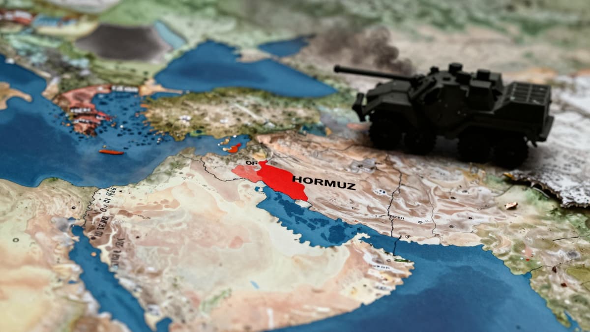A realistic map of the Middle East highlighting the Strait of Hormuz with military vehicle silhouettes and smoke.