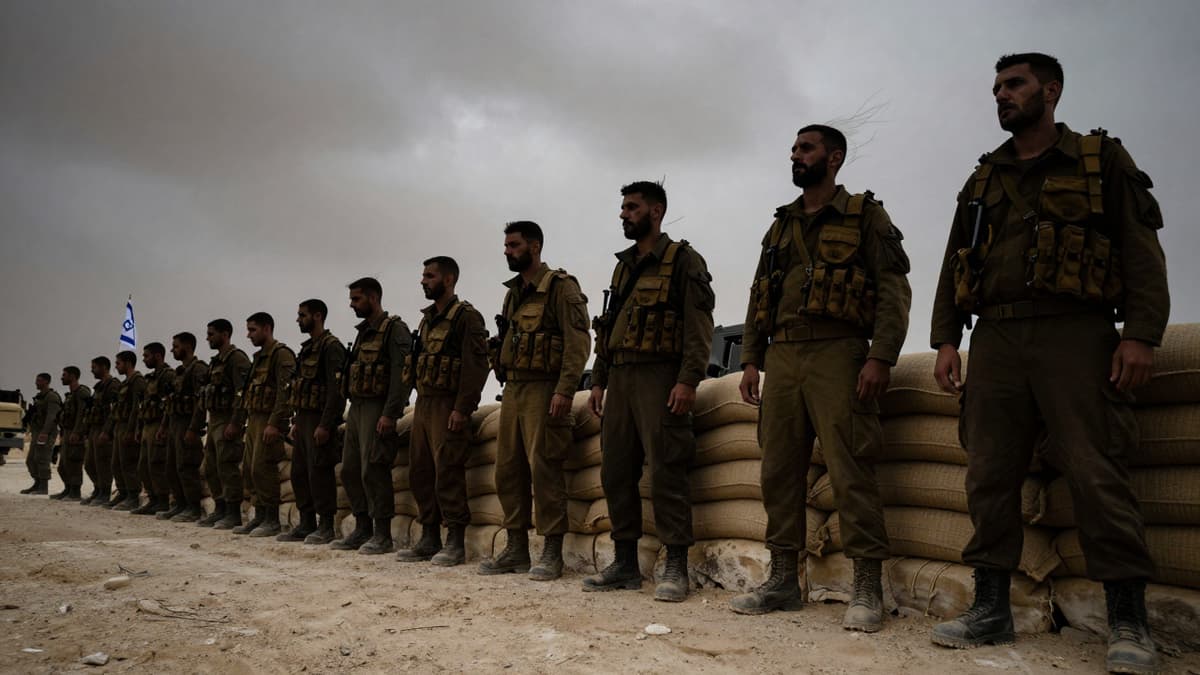 Silhouettes of Israeli soldiers and military vehicles stand in a rugged conflict zone under a grey sky.