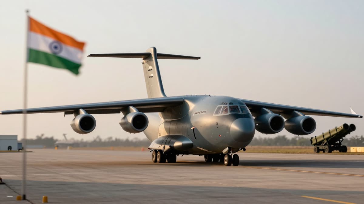 Low angle shot of military transport aircraft on tarmac with Indian flag and missile launcher silhouette.