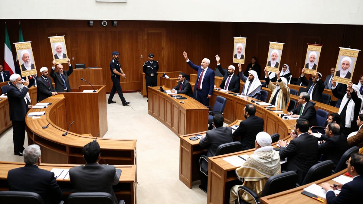 Politicians and security personnel clash inside a legislative chamber during a heated session involving flags and portraits.