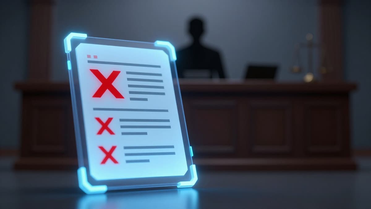 3D rendering of blurred courtroom with digital interface showing redacted documents and security warnings.