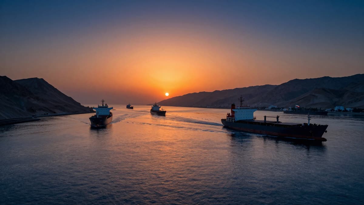 Ships navigate the Strait of Hormuz near Iran's coast under sunset light.