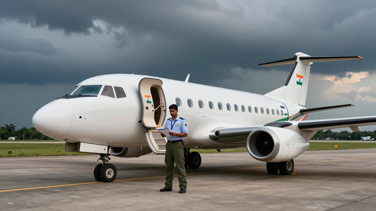 Pilot checking aircraft safety before flight on rural airstrip under storm clouds.