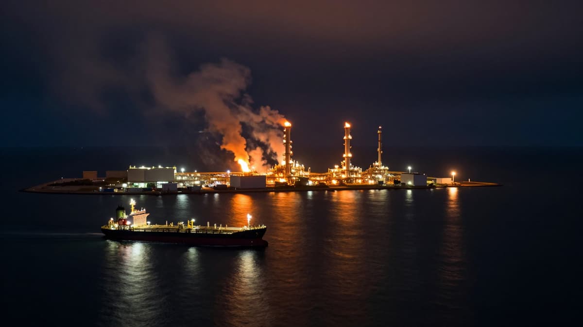 Aerial night view of a burning oil refinery and a tanker in a dark ocean representing the conflict zone.