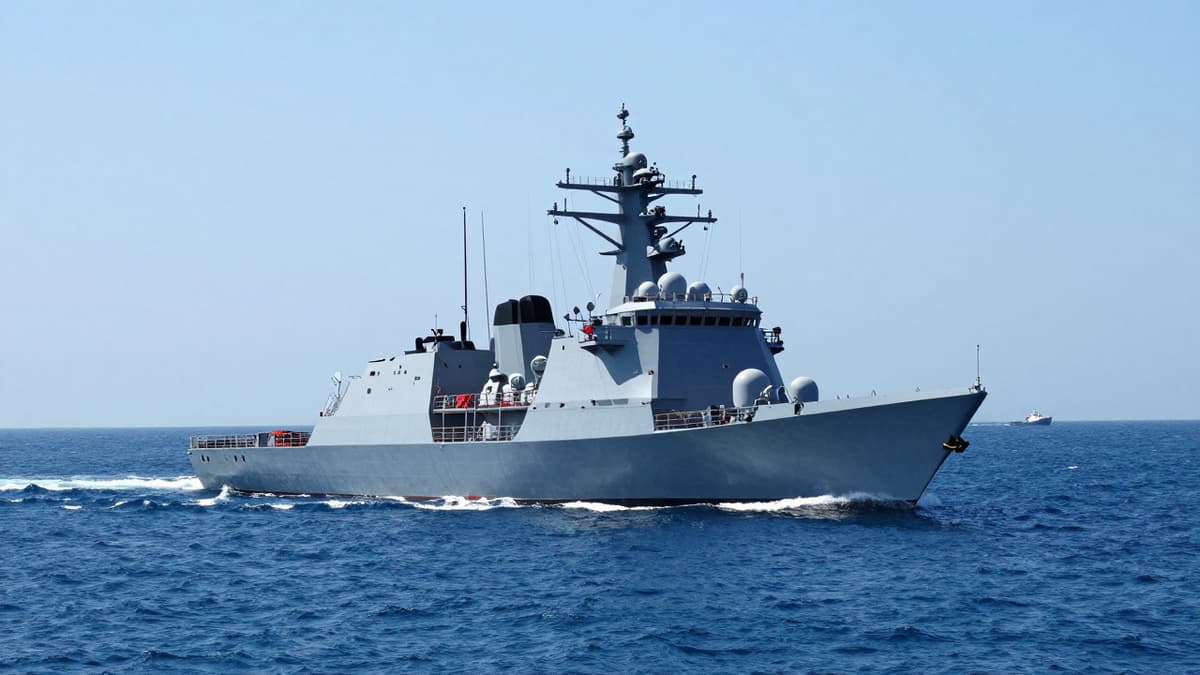An Indian Navy destroyer escorting a vessel through the Strait of Hormuz during a critical mission.