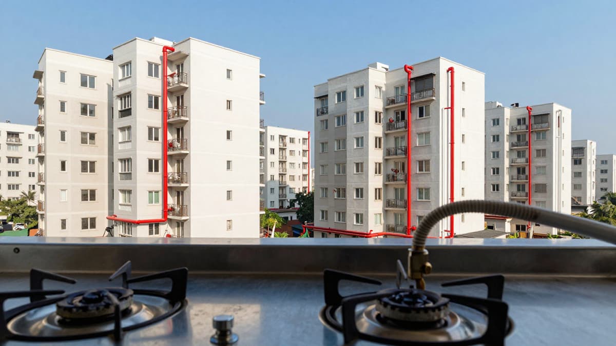 Photorealistic view of Indian residential area with gas infrastructure and a kitchen burner emphasizing energy transition.