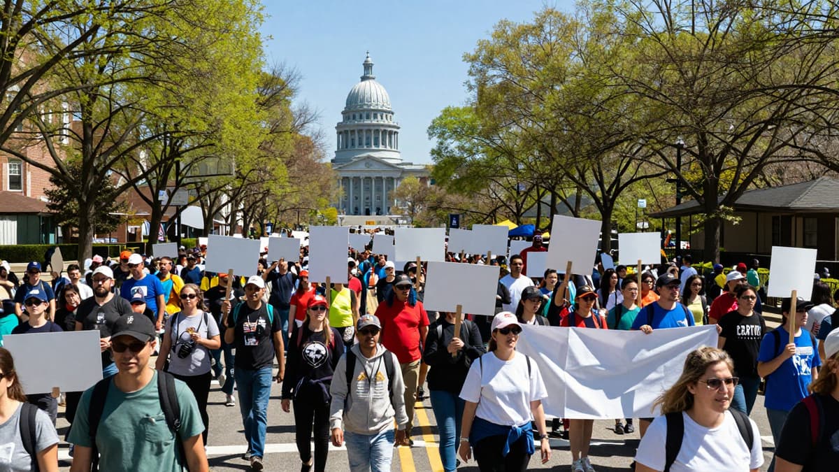 A large diverse crowd of thousands protesting peacefully at a state capitol during a sunny day without visible text on signs.
