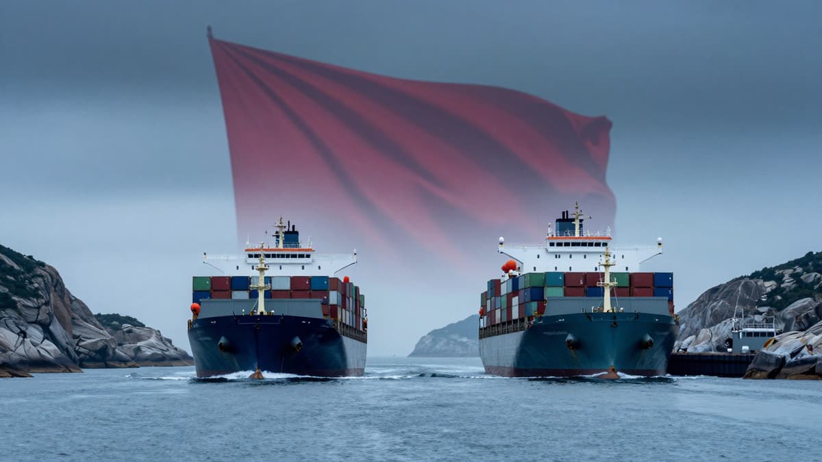 Two large container ships turning back near rocky islands in a narrow waterway under a stormy sky.