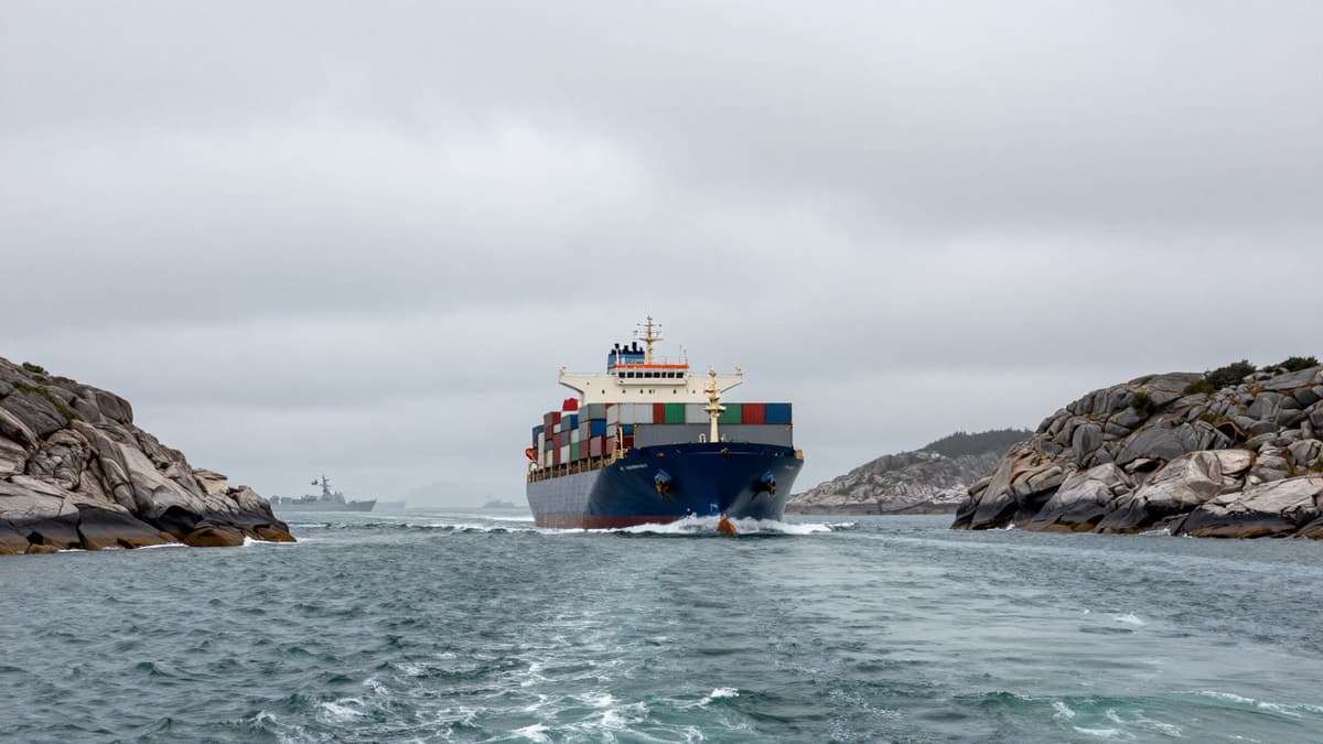 Large container ship navigating narrow foggy channel near rocky islands under overcast sky.