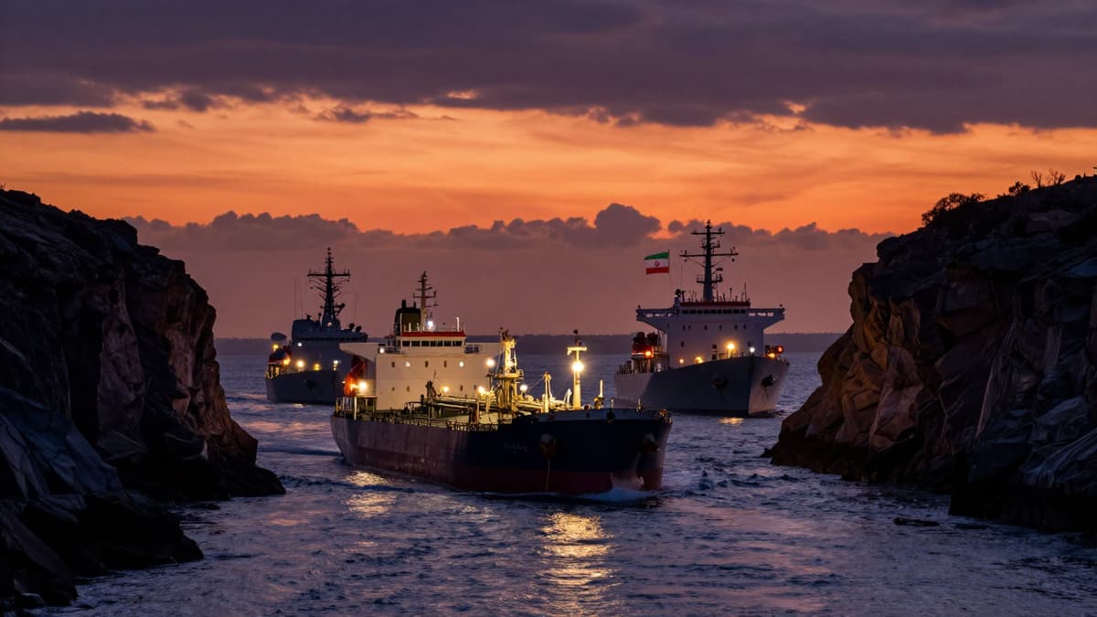 Oil tankers navigating a narrow channel flanked by cliffs with naval vessels flying US and Iranian flags at sunset.