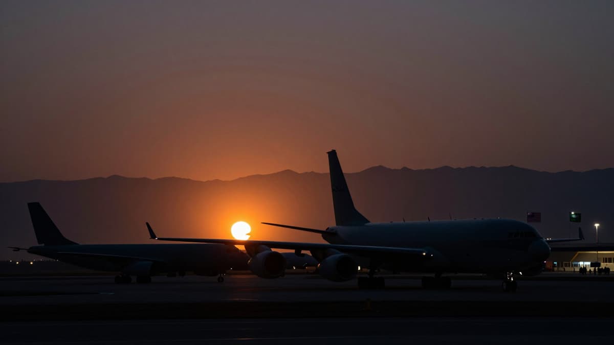 Silhouette of military air base with aircraft under night sky explosions.