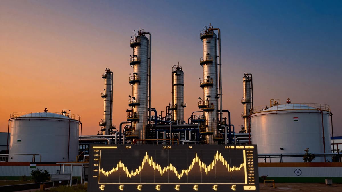 Photorealistic 3D render of Indian fuel refinery with digital financial data overlays at dusk.