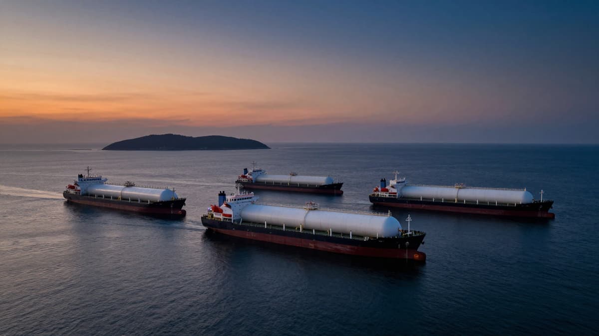 Five anchored LPG tankers near a coastal island at twilight representing the Strait of Hormuz