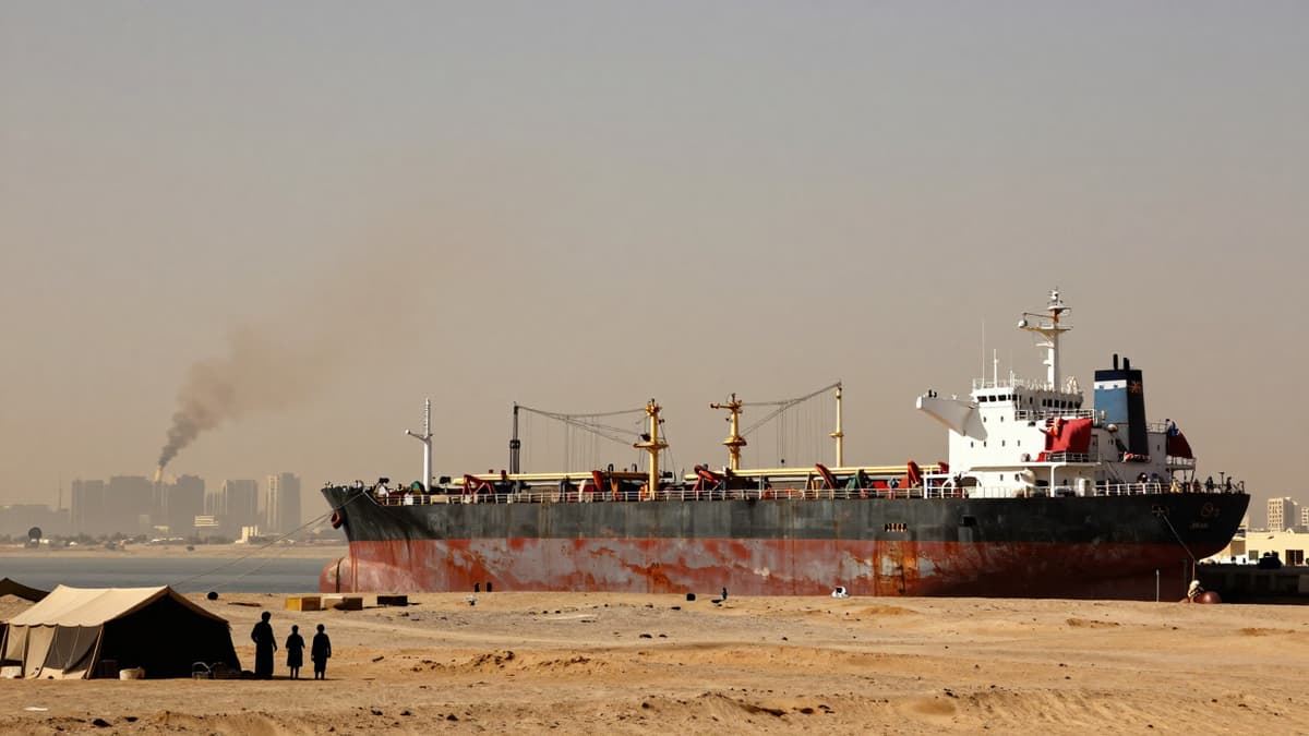 A photorealistic scene showing an Australian oil tanker at a port with smoke rising from a distant Middle Eastern city and displaced families near tents.