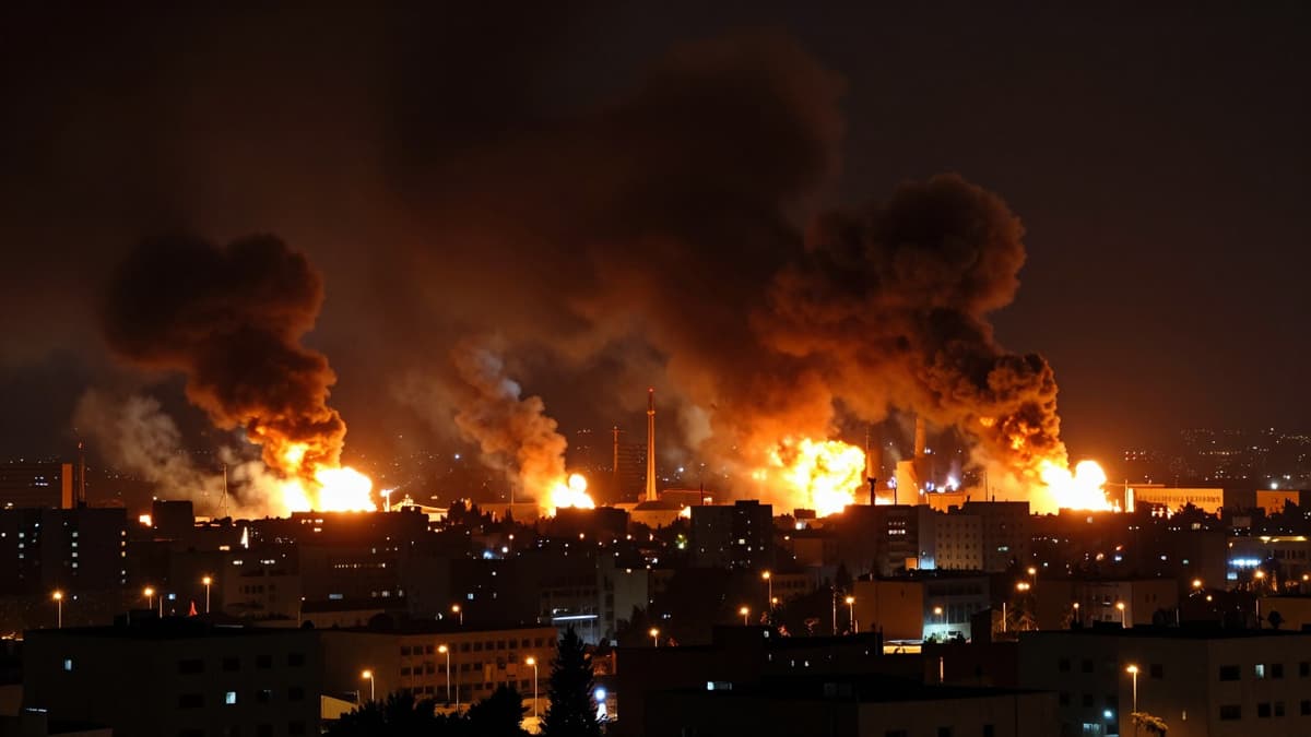 Nighttime view of distant fiery explosions and smoke rising over a city skyline during an aerial bombardment.