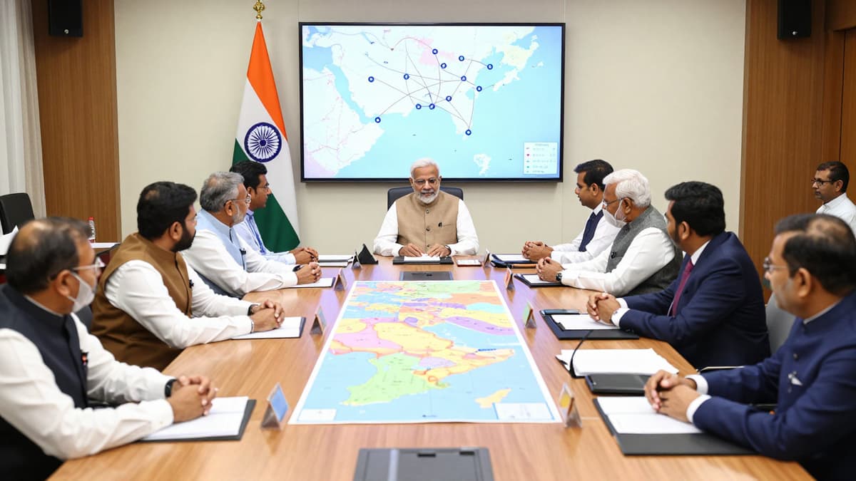 Officials discussing national logistics at a conference table with Indian flags and supply maps visible.