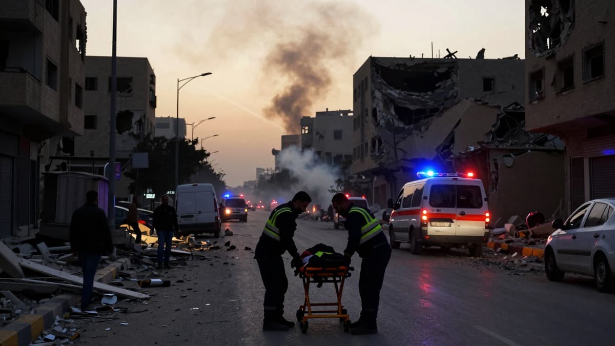 Paramedics attend to a casualty on a debris-strewn street amid smoke from a recent strike in a Middle Eastern city.