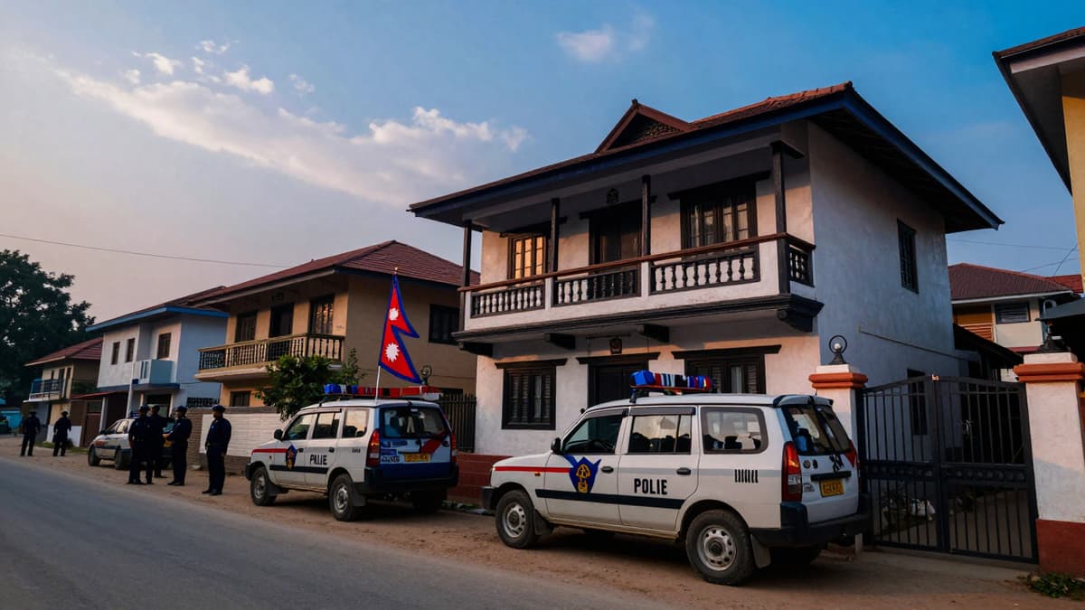 Police officers gather outside a residence in Nepal during the dawn arrest of former officials related to the crackdown.