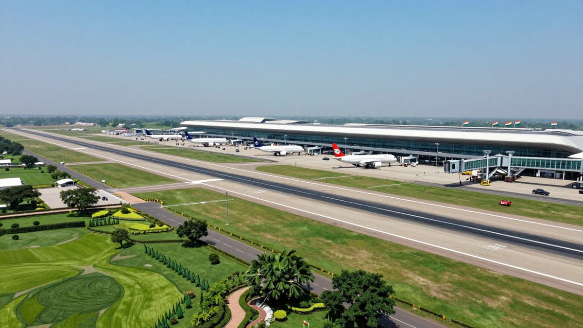 Modern Noida International Airport terminal and runway at Jewar with aircraft and green landscaping.