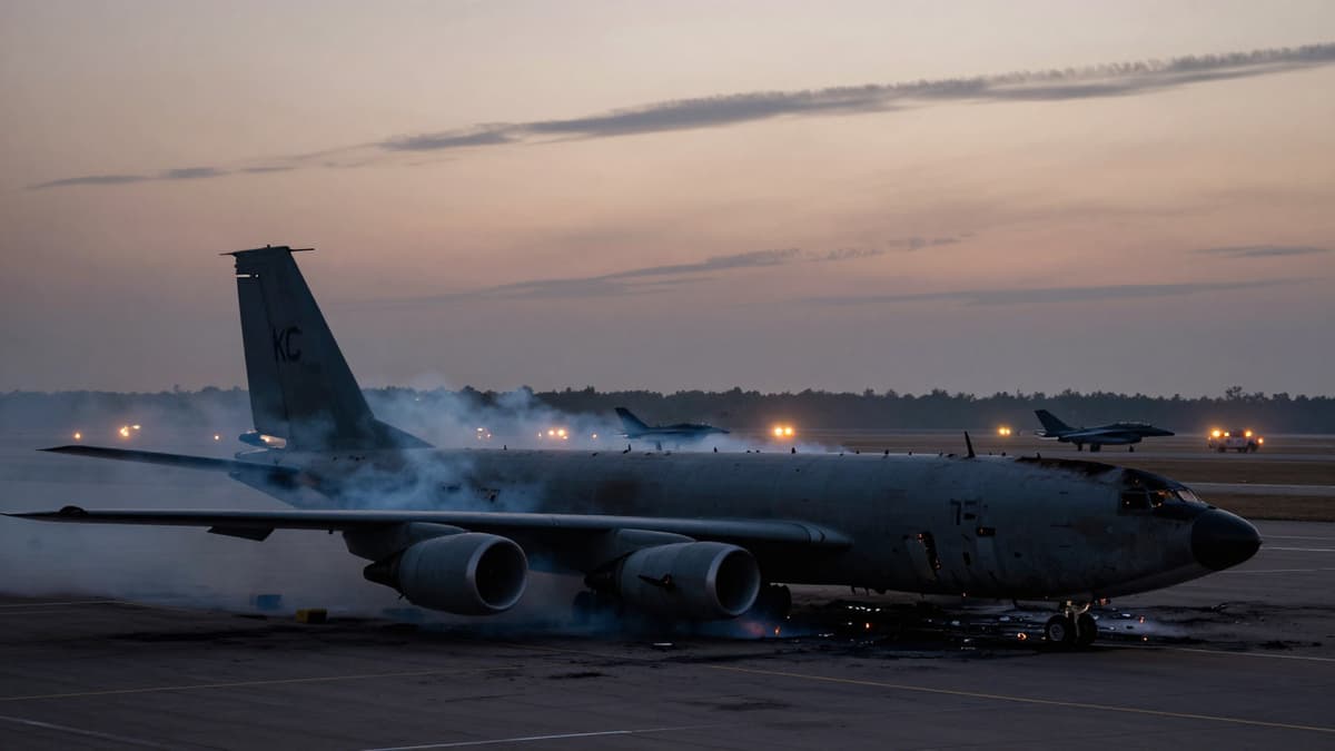 Wreckage of a damaged KC-135 refueling plane at an airbase with smoke rising from the tarmac.