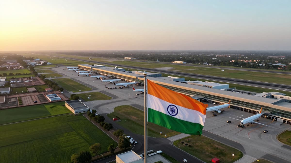 Aerial view of the new Noida International Airport runway and terminal at sunset with an Indian flag.