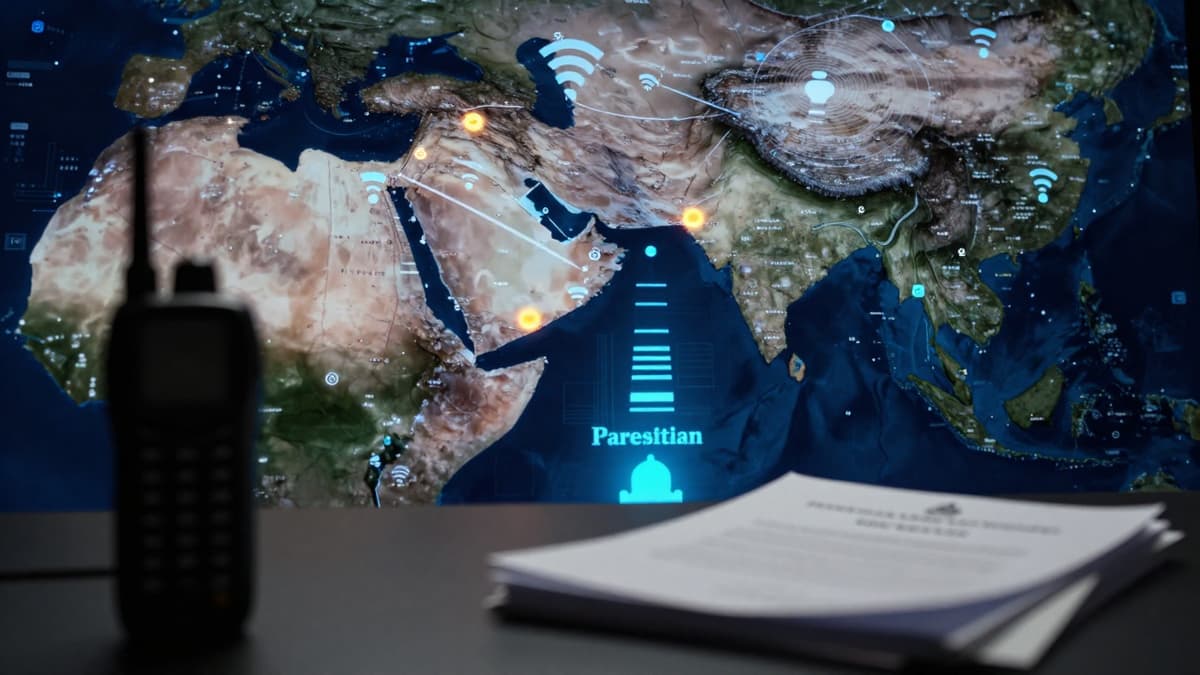 Photorealistic news graphic showing a map of the Middle East and digital communication signals representing diplomatic discussions without faces or text.
