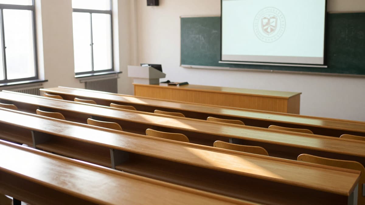 Empty university lecture hall with wooden desks and a blackboard under natural light.