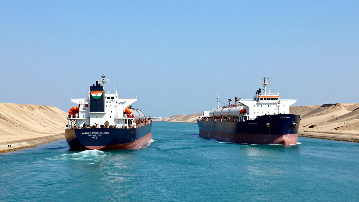 Two Indian tankers navigating the Strait of Hormuz with arid coastlines in the background.