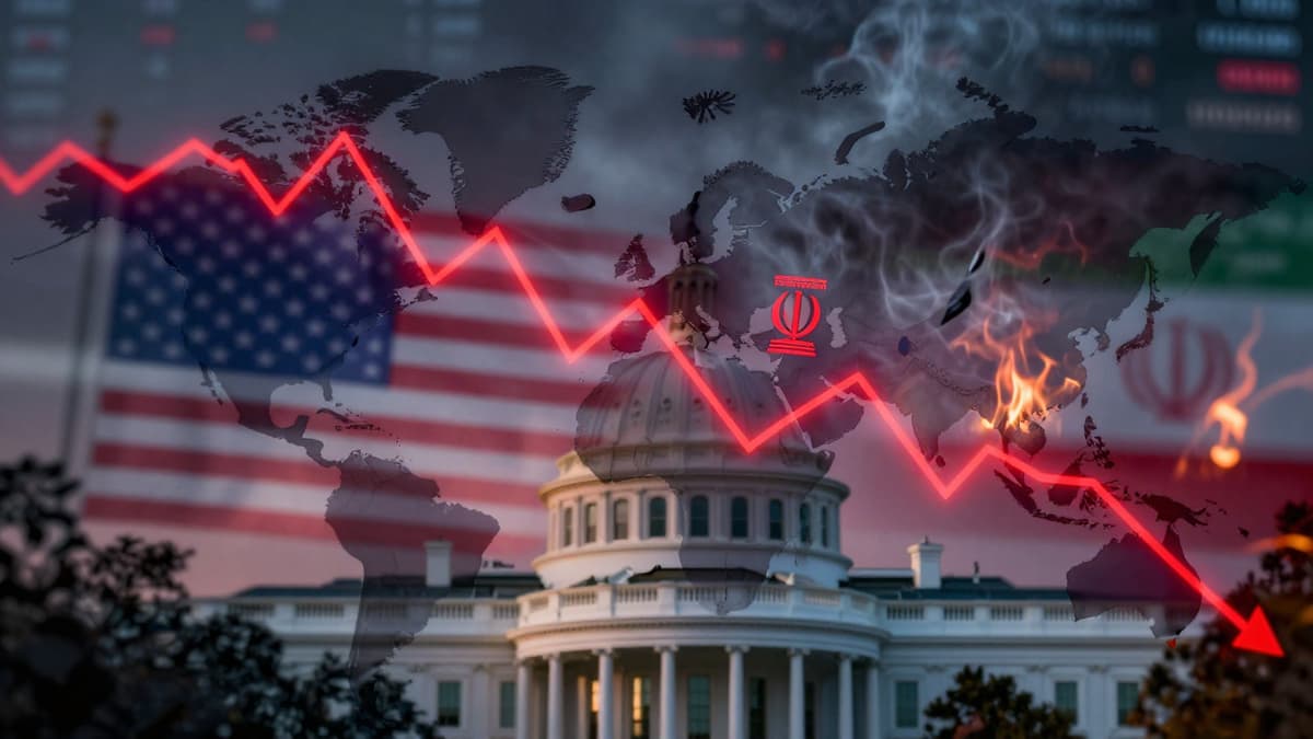 A digital map of the Middle East overlaid with falling stock charts and rising oil prices, set against a silhouette of the White House in stormy twilight.