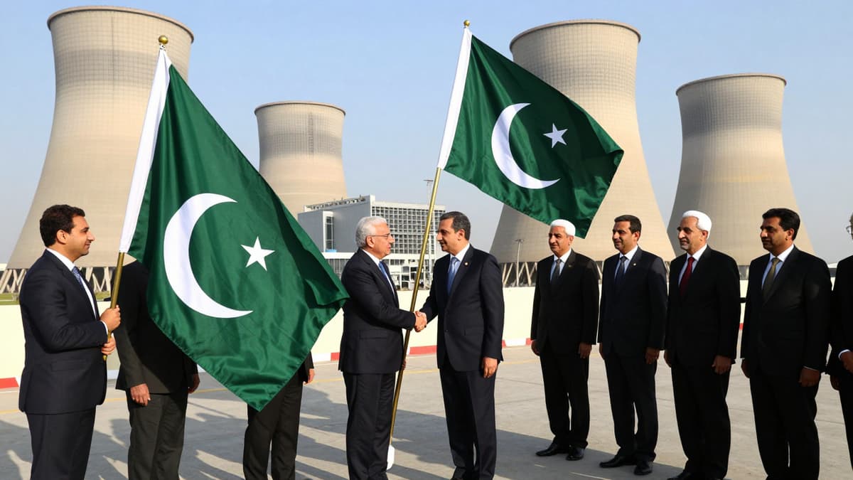 Diplomats from Pakistan and Iran shaking hands at an industrial nuclear facility representing peace talks.