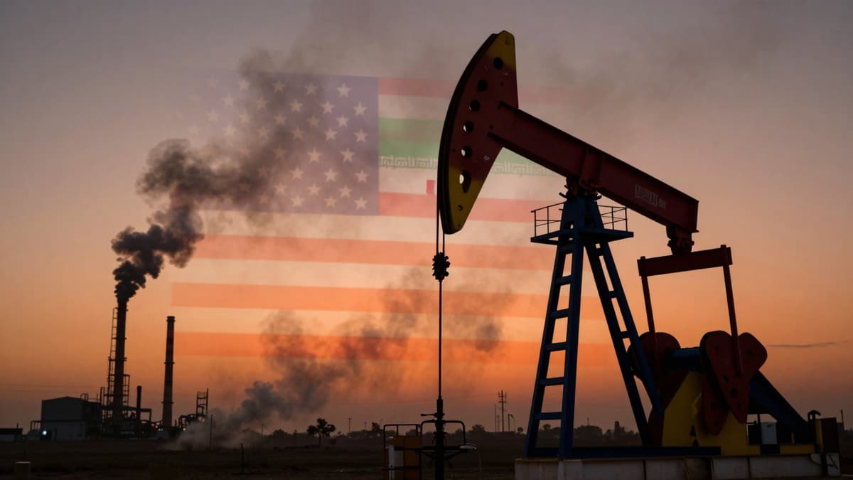 An oil rig with flags in the background symbolizing conflict and economic strain during the Trump Iran war.