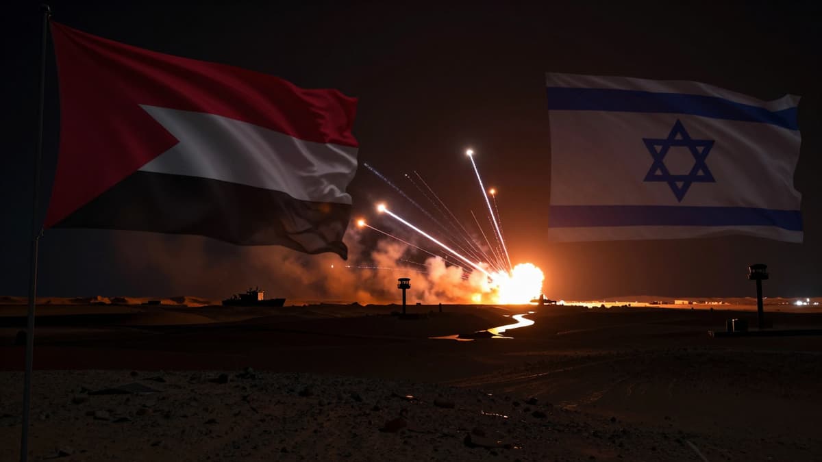 Nighttime missile barrage over desert border with Yemen and Israel flags and cargo ship graphic.