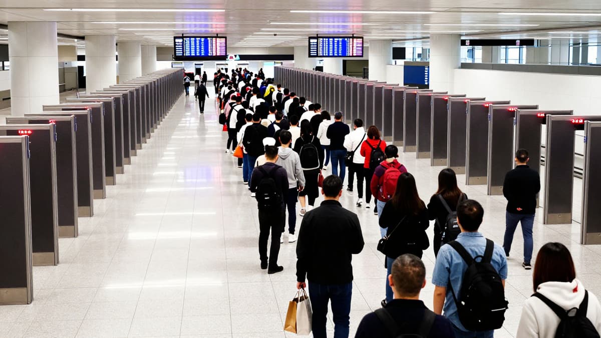 Long lines of travelers wait at empty security checkpoints during a chaotic spring break travel weekend.