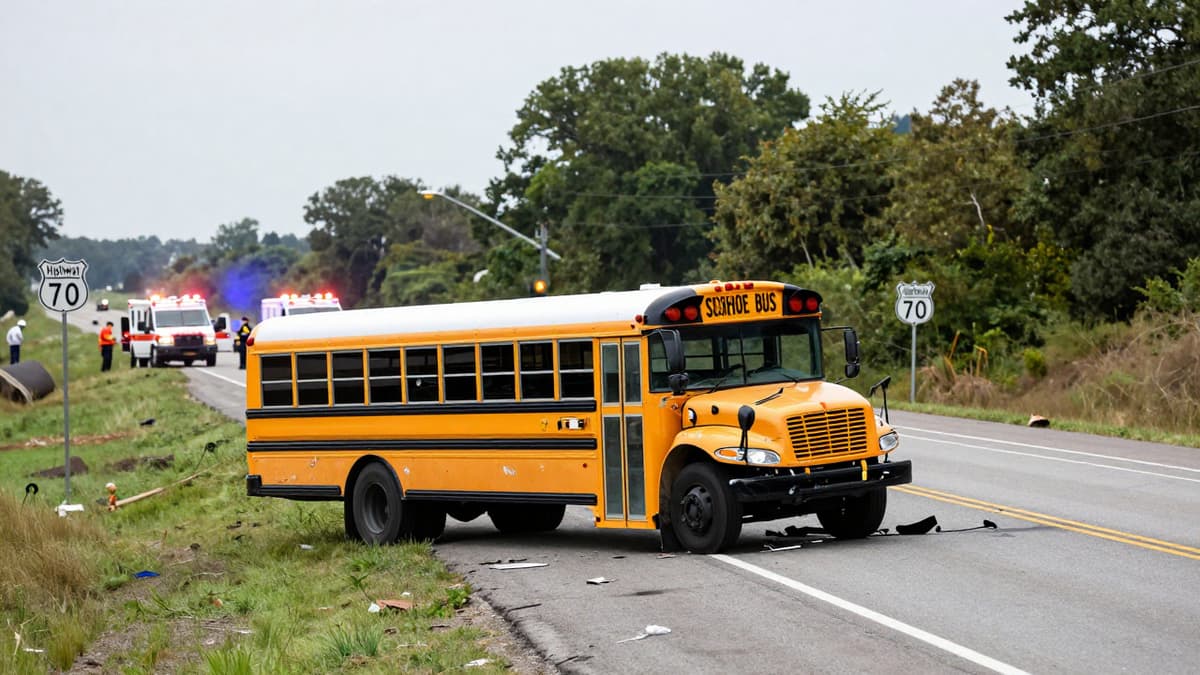 Damaged school bus on rural highway after fatal crash with emergency responders nearby.