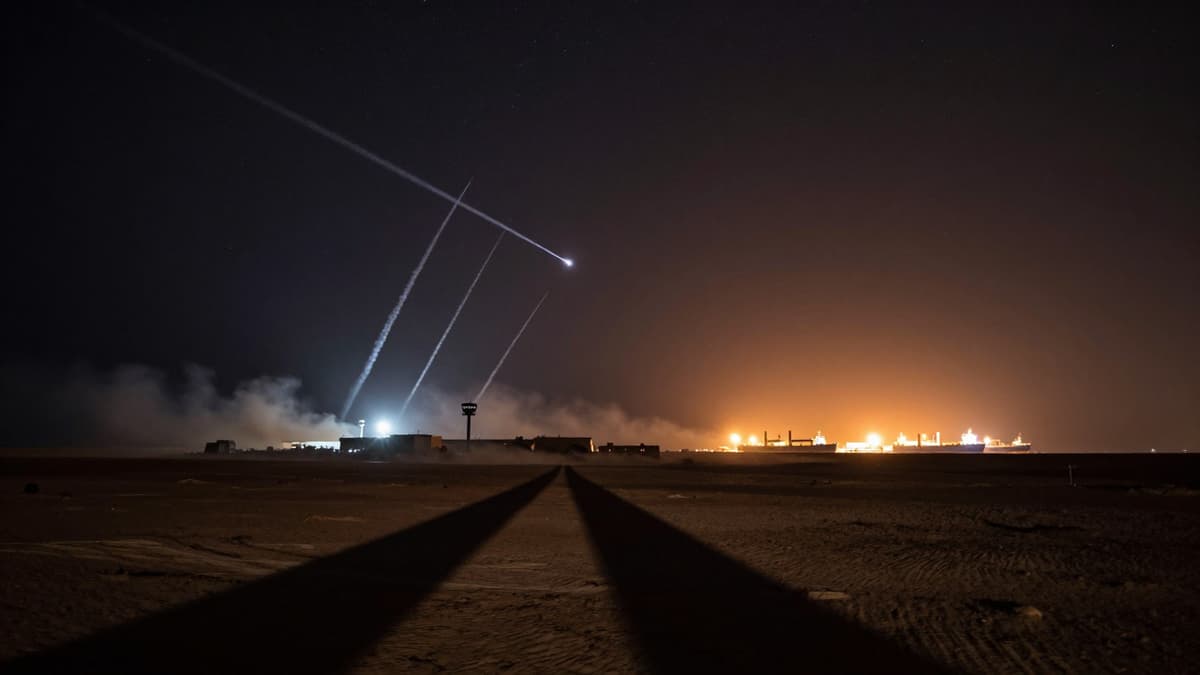 Ballistic missile trails streaking over a coastal military base and shipping port at night during a conflict.