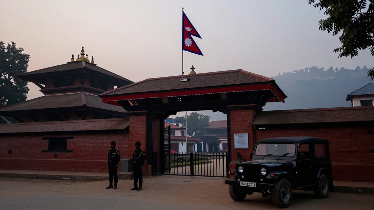 Nepalese police officers guarding a government residence entrance with a national flag waving in the morning mist.