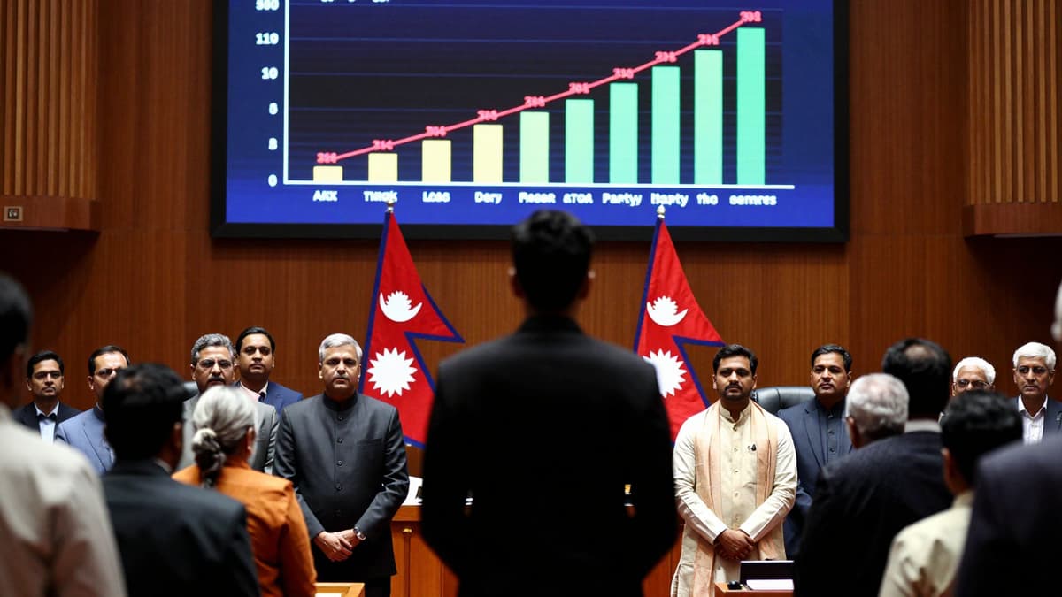 A photorealistic image of a historic political gathering in Nepal with the national flag and a young leader at a podium.