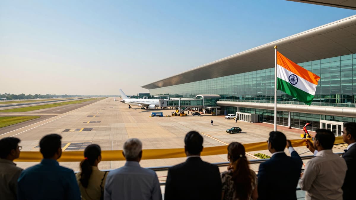 A modern airport terminal with a single runway and a crowd cutting a ribbon under a clear sky with an Indian flag.