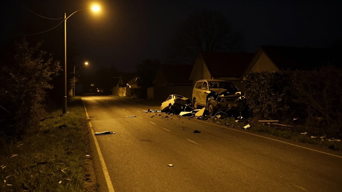 Nighttime scene of a rural road showing debris from a collision with a damaged vehicle silhouette under streetlights.
