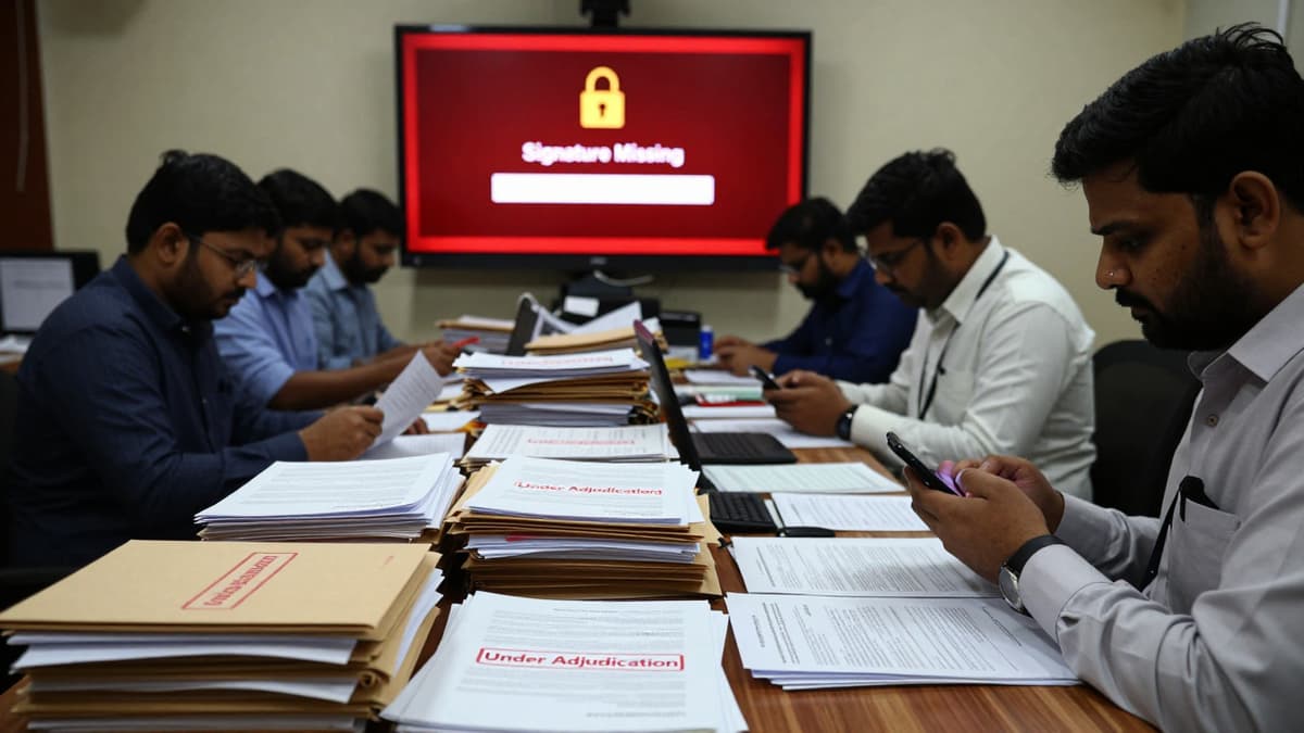 A realistic photo of a chaotic election office with files and a digital error screen showing missing signature alerts.