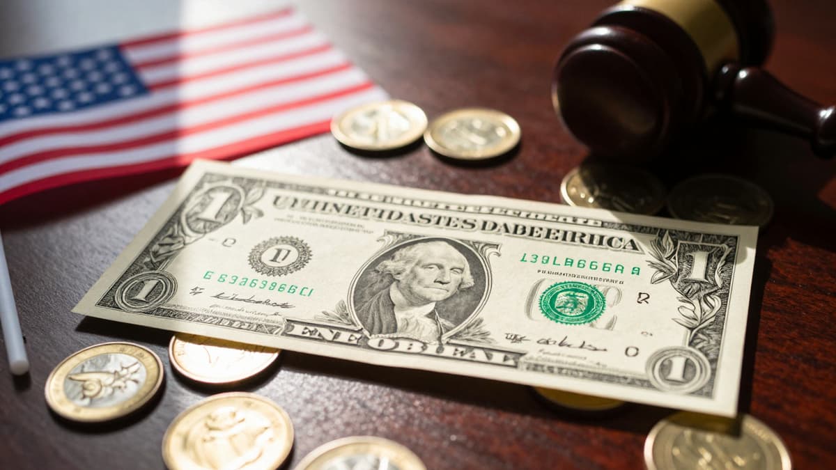 A detailed close-up of a signed U.S. dollar bill with gold coins and a gavel on a desk.