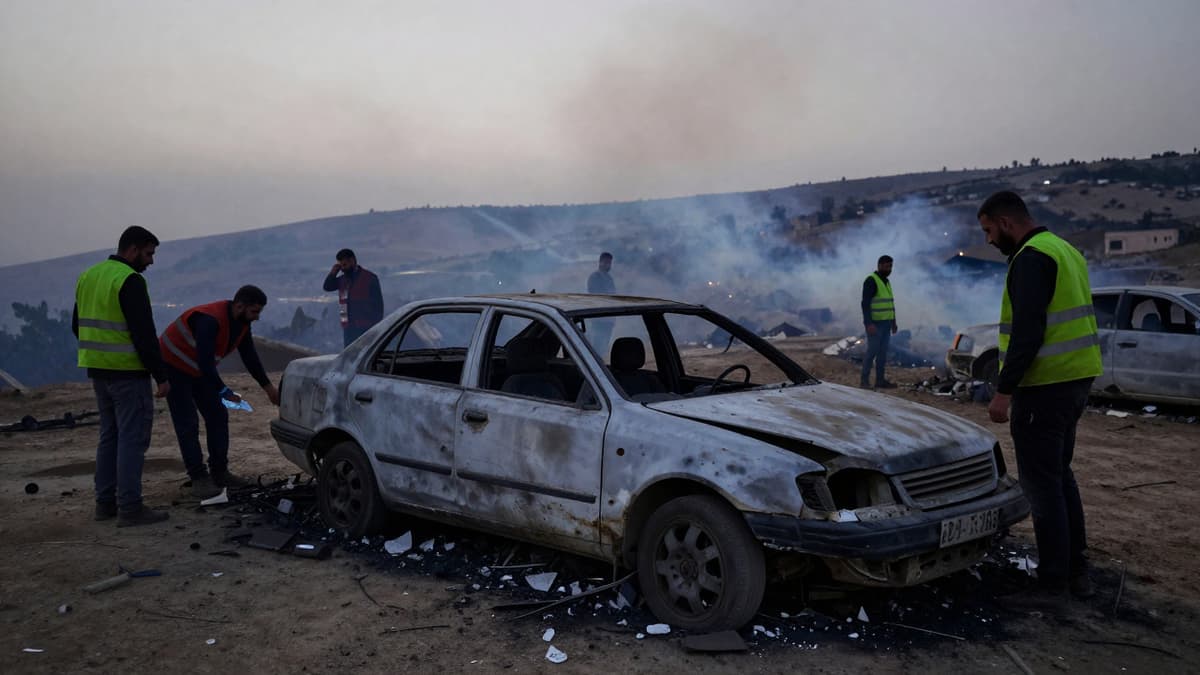 Smoldering wreck of a civilian car in southern Lebanon after an attack, with emergency crews examining debris.